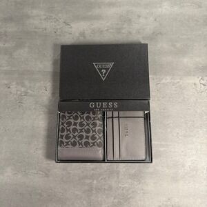 Guess Wallet Set Mens Gray Black Logo Bifold Card Holder Gift Box New Streetwear